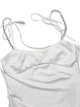Karlofea Yeni Basit Saten Mini Elbise Şık Elmas Öz Kravat Askısı Tatil Giyim Seksi Gece Kulübü Giyim Yaz Beyaz Elbise 2022