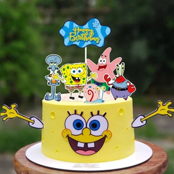Kek Dekorasyon Sünger Bob Squarepants Eugene Pişirme Kek Topper Karikatür Çocuk Doğum Günü Partisi Tatlı Bar Plug-İn Kart