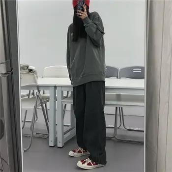 Kot Kadın Tam boy Yüksek Bel Geniş Bacak Pantolon Basit Streetwear Casual Moda Harajuku Temel Klasik Gevşek Kolej Ins