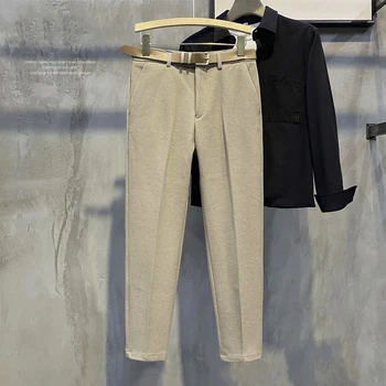 Kış Erkekler Kalın Yünlü Kumaş Takım Elbise Pantolon Rahat Düz Örtü Kore Moda İş Pantolon Erkek Giyim (Kemer)