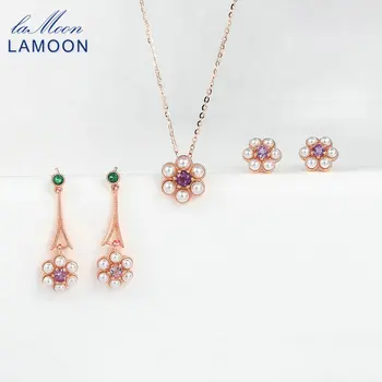 LAMOON Kadınlar Için 925 Ayar Gümüş Set Küçük Çiçek Inci Ametist Taş 18 k Gül Altın Kaplama Güzel Takı Vivi Tarzı V052