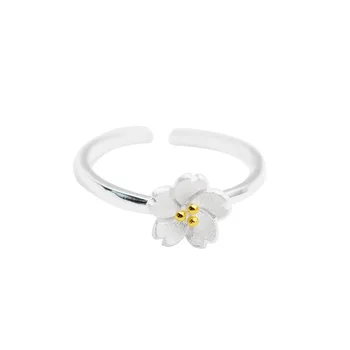 LKO Gerçek 925 Ayar Gümüş Zarif Sakura Çiçek Yüzük Kadınlar İçin Romantik Kiraz Çiçeği Bayan Ayarlanabilir Yüzük Takı Kız İçin