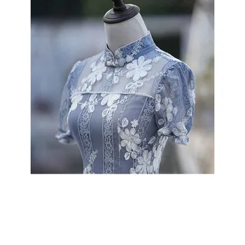 Mavi Dantel Cheongsam 2022 Yeni Yüksek Kaliteli Nakış Retro Elbise Kısa Kollu Çin Tarzı Geleneksel Seksi Qipao S XXL