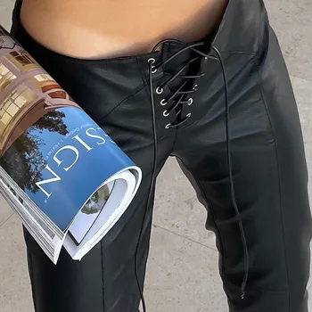Moda Düşük Bel Lace Up Siyah Gevşek Düz deri pantolon Kadın 2022 Sonbahar Kış Rahat Yüksek Sokak Hem Bölünmüş PU Pantolon