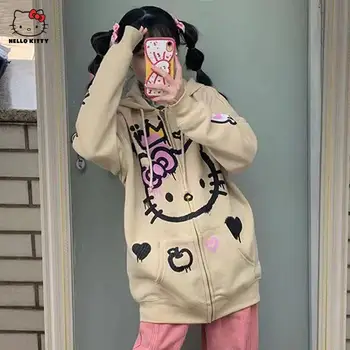 Moda Hello Kitty Ceket Amerikan Karikatür Kış Baskı kapüşonlu süveter Kalın Şapka Ceket Elbise Kız Öğrenci Kawaii Anime Hediye
