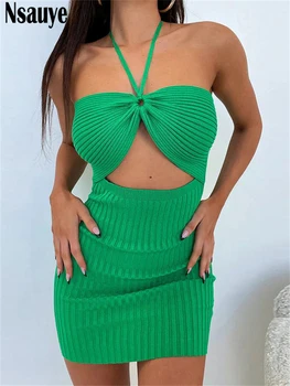 Nsauye Moda Seksi Kulübü Kadın Kolsuz Hollow Out Bandaj Mini Örme Gece Elbisesi Y2K Rahat Plaj kalem elbise 2022 Kış