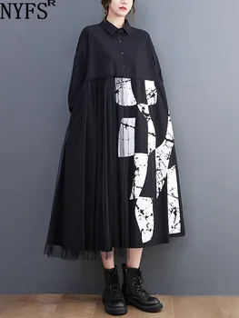 NYFS 2023 Sonbahar Yeni Vintage Kadın Elbise Vestidos Robe Elbise Pamuk Gevşek Artı Boyutu Uzun Kollu Örgü Patchwork Gömlek Elbiseler