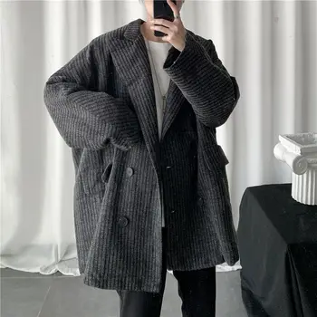 Orta uzunlukta kalın rüzgarlık erkekler için Hong Kong tarzı 2022 sonbahar kış vintage yün takım elbise ceket unisex Kore kadife ceket