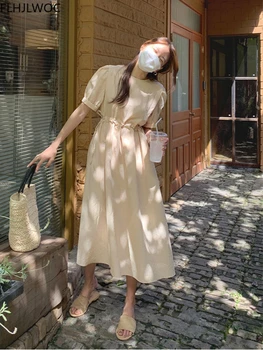 Pamuk Keten Uzun Elbise Yaz Ince Bel Bir Çizgi Mizaç Lady Retro Vintage Sevimli Kore Chic Kadınlar Elbiseler Vestidos F0210