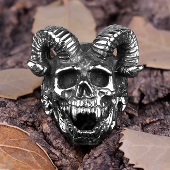 Paslanmaz Çelik Erkek Yüzük Boynuz Şeytan Şeytan Şeytan Kafatası Punk Rock Gotik Biker Erkek Erkek Takı Yaratıcılık Hediye Toptan