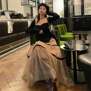 Polka Dot Mesh Tül Pilili Etek Kadın Kore Chic Yüksek Bel Dökümlü Tasarım Etekler Zarif Hit Renk Moda Balo Femme