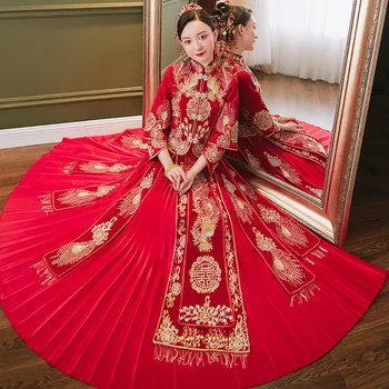Rafine Lüks Kadın Phoenix Nakış Cheongsam Çince Geleneksel Parti Qipao Yüksek Kaliteli Kırmızı Çin düğün elbisesi