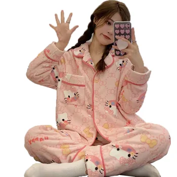 Sanrio Kitty Melody Kuromi Pijama Set Uzun Kollu Pantolon Yumuşak Sıcak Ev Tekstili Sonbahar Kış Loungewear Ev Giysileri Flanel Peluş