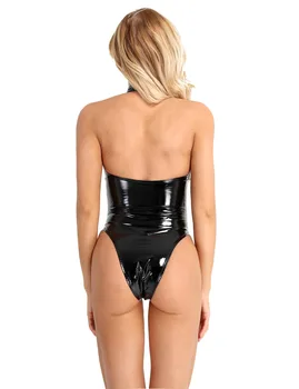Seksi Kadınlar Patent Deri Bodysuit İç Çamaşırı Tek Parça Wetlook Clubwear Tulum Halter Backless Leotard Kutup Dans Kostümü