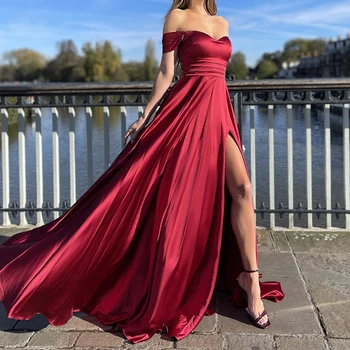 Seksi Slash Boyun Yarık Düğün Gelinlik Abiye Zarif Yüksek Bel Katı Saten Parti Elbise Kadın Kat Maxi Elbise Vestidos