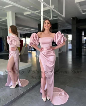 Sevintage Pembe Yüksek Yan Bölünmüş Saten Mermaid balo kıyafetleri 2022 Kapalı Omuz Kısa Kollu Dubai Kadınlar Örgün Abiye giyim