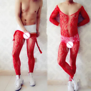 Sissy Pijama erkek Külotlu Çorap Açık Kasık Teddies Seksi Kıyafeti Porno İç Çamaşırı Egzotik Adam Fishnet Bodysuit Avrupa Giyim