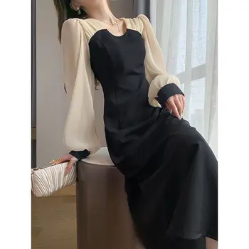 Siyah Elbise Uzun kollu Hepburn Tarzı 2022 Yaz Yeni Orta uzunlukta Etek Fransız Tarzı Küçük Siyah Elbise Siyah Beyaz Elbiseler