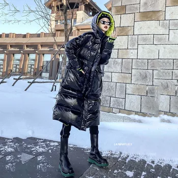 Siyah Su Geçirmez Uzun Parlak Kış şişme ceket kadınlar Kadın Kapşonlu Kirpi Kar Mont Sıcak Streetwear Parka Beyaz Ördek uzun kaban