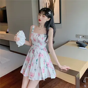 SLPBELY Tatlı Sling Mini Elbise Kadınlar İçin Yaz Çiçek Spagetti Kayışı Kolsuz Fırfır Elbise Kore Sevimli Tatil Parti Elbise