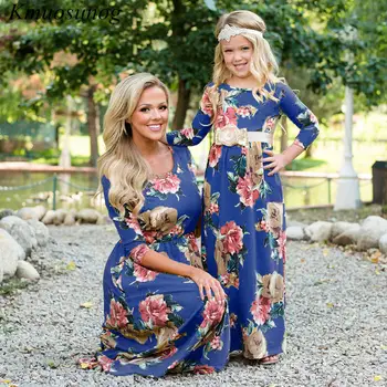 Sonbahar Anne ve ben elbise Kış 2019 Üç Çeyrek Mavi Baskı Elbise Anne Kızı Elbiseler Ebeveyn Kız çocuk kıyafetleri C0546