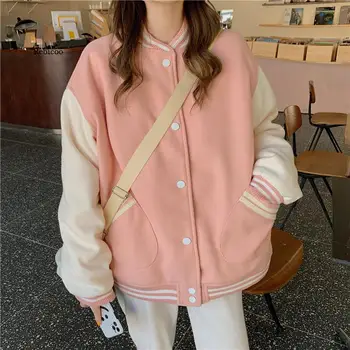 Sonbahar Kadın Beyzbol Ceket Harajuku Rahat Gevşek Cep Baskılı Kore Boy Bombacı Kazak Üniforma Streetwear Tops