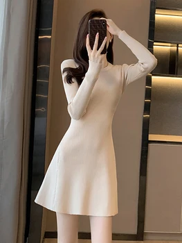Sonbahar Kış Katı Kadın Elbise Uzun Kollu sıfır yaka kazak Giyim Kadın İnce örme elbise A-line Yüksek Bel Mini Elbiseler 2022