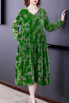 Sonbahar Çiçek Kadife Rahat 5XL Artı Boyutu Midi Elbise Kış Kore Vintage Kapşonlu Maxi Elbise 2021 Zarif Ofis Parti Vestidos