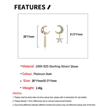 S'STEEL 925 Ayar Gümüş Asimetrik Dangle Küpe Zirkon Yıldız Ay Lüks Altın Damla Küpe Kadınlar İçin Tasarımcı Takı