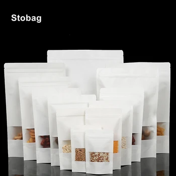 StoBag 50 adet Kraft Kağıt Gıda Ambalajı Kilitli Torba Beyaz Pencere Mühürlü Stand Up Çay Fındık Şeker Kurutulmuş Meyve saklama torbaları
