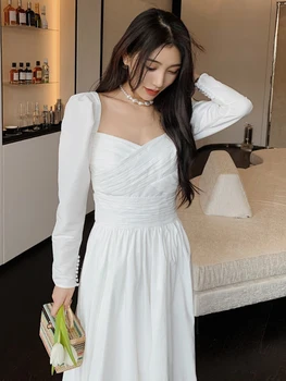 TWOTWINSTYLE Vintage Beyaz Elbise Kadınlar Için Kare Yaka Puf Kollu Yüksek Bel Katı Midi Elbiseler Kadın Moda Giyim Tarzı