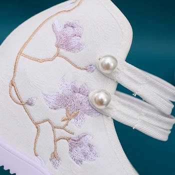 Veowalk Kadın Tuval Işlemeli Gizli Kama platform ayakkabılar 7 cm Yüksek Topuk Zarif Bayanlar Ayak Bileği Kayışı Pompaları Sneakers Beyaz