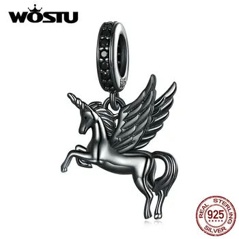 WOSTU 925 Ayar Gümüş Serin Siyah tek boynuzlu at Takılar Uçan At Asılı Boncuk Fit Orijinal Bilezik Kolye Takı Yapımı