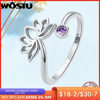 WOSTU Gerçek 925 Ayar Gümüş Lotus çiçeği Ayarlanabilir Yüzükler Kadınlar ıçin Basit Eğilim Mor Zirkon Alyans Güzel Takı Hediye