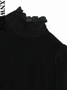 XNWMNZ 2022 Kadın Moda Siyah Kadife Mini Elbise Kadın Retro Uzun Kollu Yüksek Boyun Rahat Kadın Şık Elbiseler