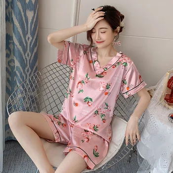 Yaz Kısa Kollu Pijama İpek Seti 2 Adet Kadın Seti Pijama Gömlek Kıyafeti Kadın Üst Pantolon Ev Giyim Genç Kız Pijama