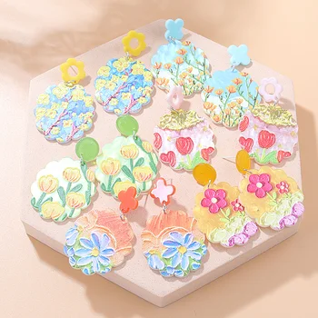 Yağlıboya Çiçekler Dondurma Desen Geometri Düzensiz Dikdörtgen Şekli Akrilik Boncuk Dıy Takı Küpe Aksesuar