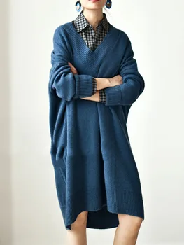 Yeni 2022 kadın Sonbahar Kış Gevşek Örme Elbiseler Vintage Kore Tarzı Örgü Zarif Büyük Boy Bayan Kazak Elbise