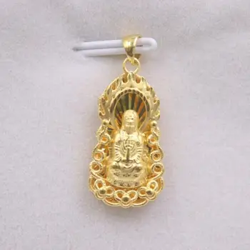Yeni Saf 24 K 3D Sarı Altın Kolye 28x13mm Alev Dantel Avalokitesvara Buda Kolye