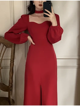 Yeni Sonbahar Uzun Fener Kollu Kadın Zarif Parti Midi Elbise Kadın Moda Bayan Tek Parça Elbise Vestidos