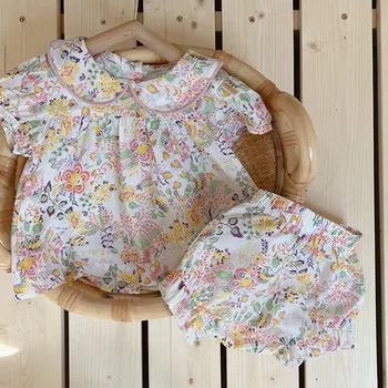 Yenidoğan Çocuklar Bebek Kız Kısa Kollu Baskı Gömlek + Şort Elbise Takım Elbise Yeni 2022 Yaz Bebek Bebek Kız Giyim Takım Elbise