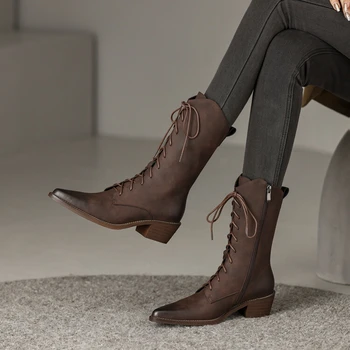 YENİ Sonbahar Kadın Çizmeler Sivri Burun Tıknaz Topuk Ayakkabı Kadınlar için Kış Bölünmüş Deri siyah ayakkabı Retro Batı Çizmeler kovboy çizmeleri