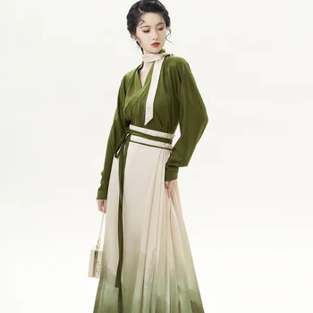 Yeşil Hanfu At Yüz Etek Pilili Etek Kadın günlük giysi Elbise Bayan Çin Geleneksel Vintage Hanfu Degrade Etek