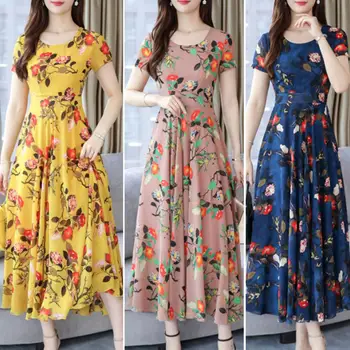 Yüksek bel sıkı Bayanlar Yaz çiçek Baskı Tatil uzun elbise Streetwear
