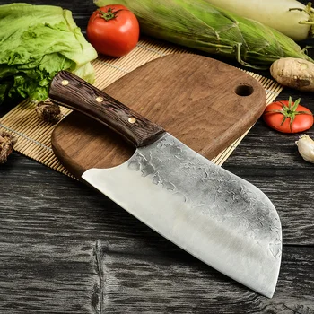 Yüksek Karbonlu Çelik 8 İnç Dövme Doğrama Bıçağı Çekiç Dilimleme Bıçağı Venge Ahşap Saplı şefin Mutfak Dilimleme Tam Tang Chopper