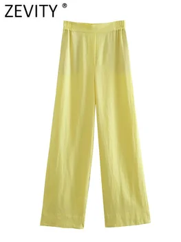 Zevity Kadın Moda Düz Renk Rahat Keten Geniş Bacak Pantolon Kadın Şık Elastik Bel Uzun Pantolon Pantalones Mujer P1450