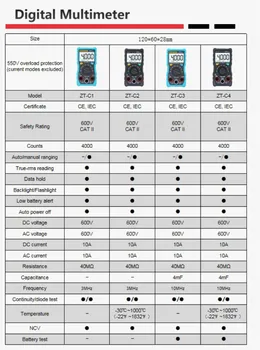 ZOYI Dijital Multimetre ZT-C1 / C2 / C3 / C4 4000 Sayımlar hassas True RMS Otomatik Aralığı Ampermetre Voltmetre Akıllı Kapasitör Sıcaklık