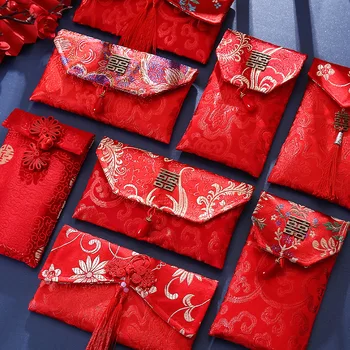 Çin Geleneksel Çift Mutluluk Kumaş Kırmızı Zarflar Şanslı Para Yeni Yıl Kırmızı Çanta Hongbao Düğün Töreni için Mevcut Hediye