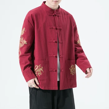 Çin Tarzı İşlemeli Ceket Pamuk ve Keten Tang Takım Elbise Wudang Disk Toka Kung Fu Tai Chi Takım Elbise Artı Boyutu Üst erkek giyim