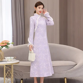 Çin Tarzı Kış uzun elbise 2022 kadın Retro Geliştirme İşlemeli Yün Vizon Kürk Cheongsam Elbise Zarif Qipao T381